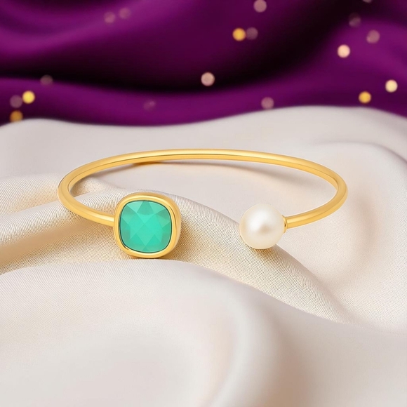 🆕️Elegant 18K Gold Plated Stainless Steel Aquamarine Pearl Cuff Bracelet Studs - Picture 5 of 13